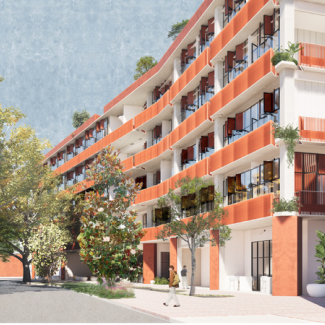 A rendering of a building with the word DESIGN