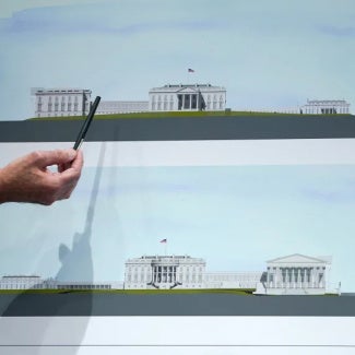 Rendering of White House, West Wing, and East Ballroom from the North and South. The rendering illustrates that the Ballroom Colonnade is the same height of the White House Collonade 