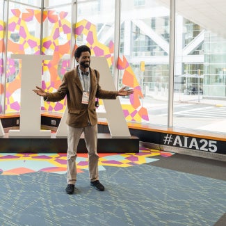 Two attendees at a conference