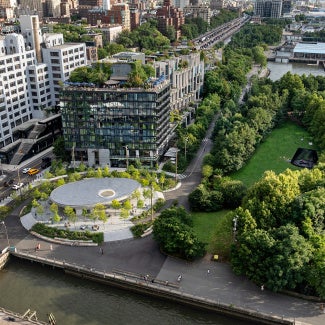 Pier 1 Entry Pavilion, Aerial with Brooklyn Bridge Park piers