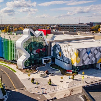 colorful building abstract shape around entrance strong museum of play