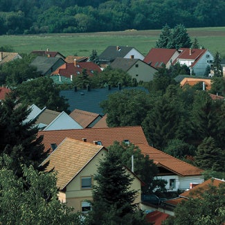 Overhead view of the tops of houses