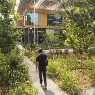 A man walking towards a building with a regenerative design